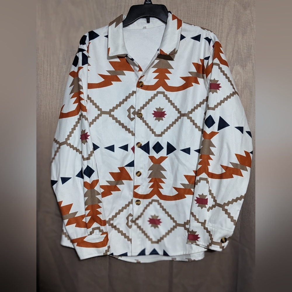 🌷Unisex Southwestern Design Felt Light Coat Size Medium White/Tan/Blue